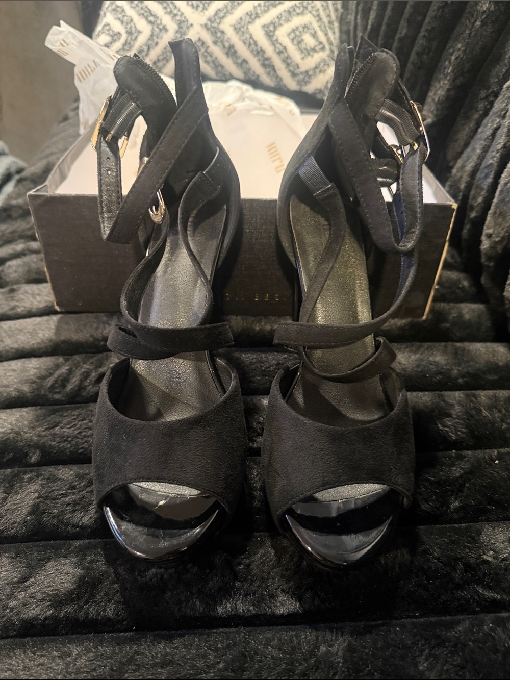 Women’s Black Suede Open-Toe Ankle Strap Heels